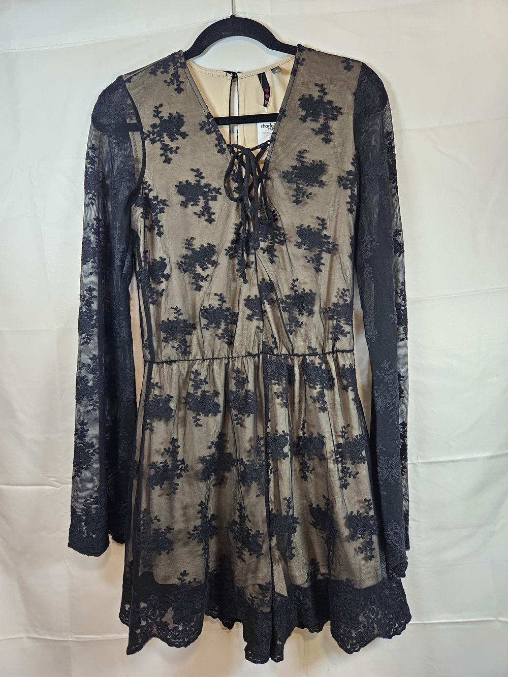 Charlotte Russe Black Lace-Overlay Romper with Beige Lining Floral Romantic
